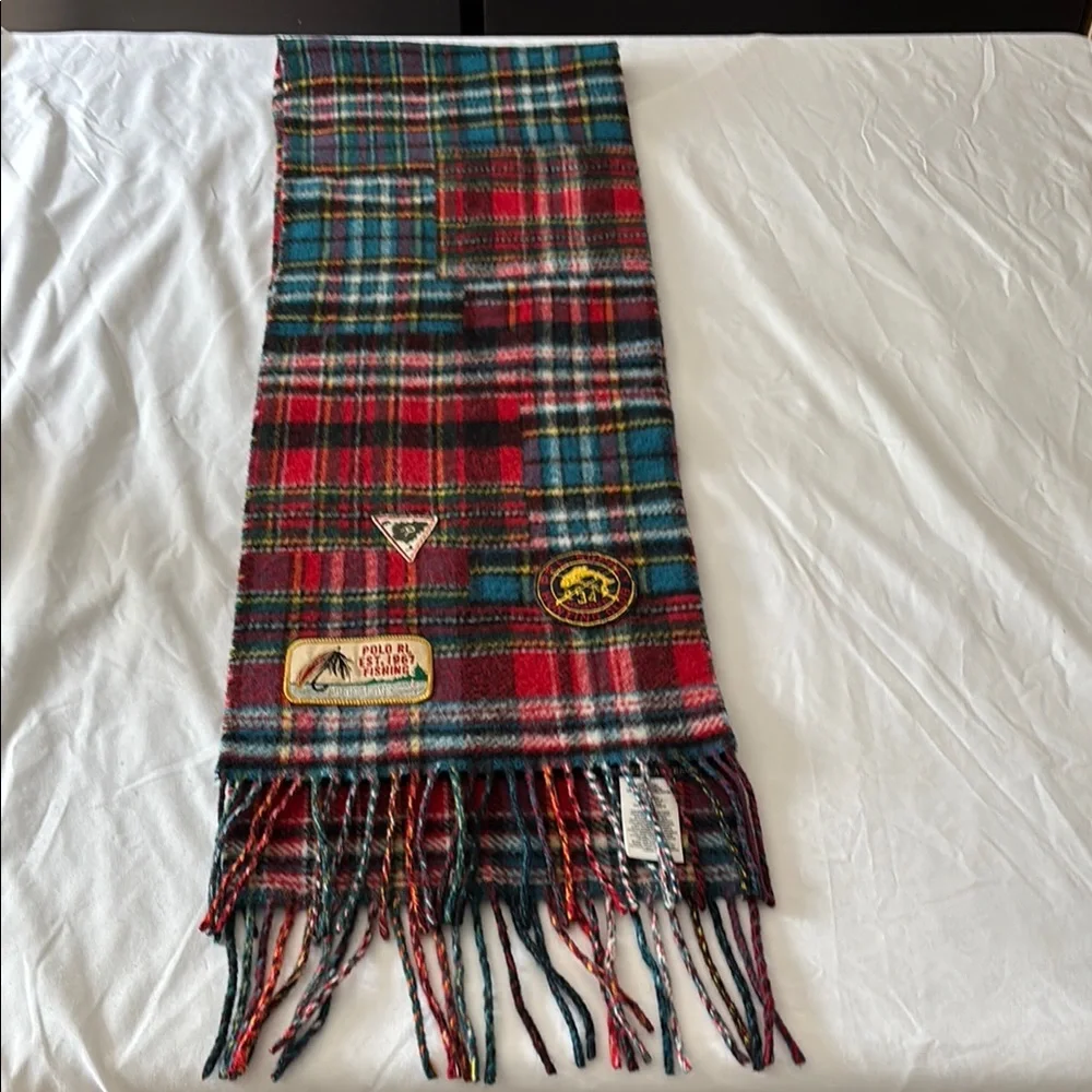 Polo Ralph ITALY Lauren Red Blue WOOL BLEND Plaid FISHING HUNTING PATCHES SCARF
